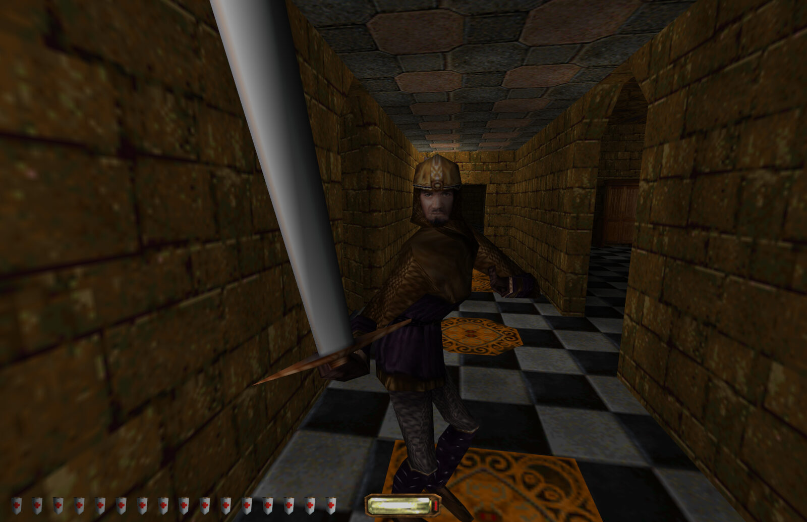 Garrett is confronted by a guard wielding a sword in a tiled hallway
